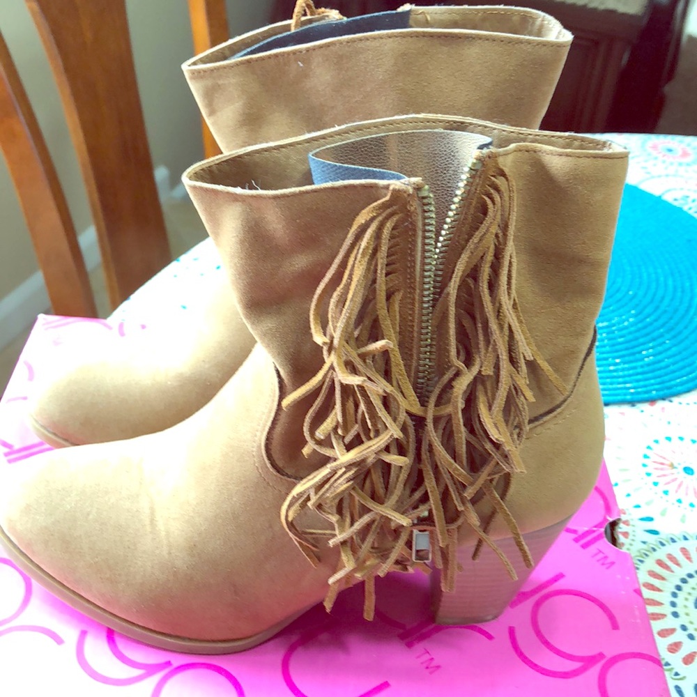 Camel color fringe boots